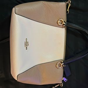 Beige and off-white and dark brown- color block medium size Coach purse